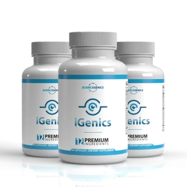 Three iGenics supplement bottles on a white reflective surface