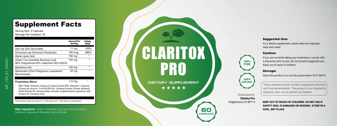 Claritox Pro Supplement Facts label showing zinc, chromium, alpha-lipoic acid, green tea, berberine, resveratrol and a 112 mg proprietary blend