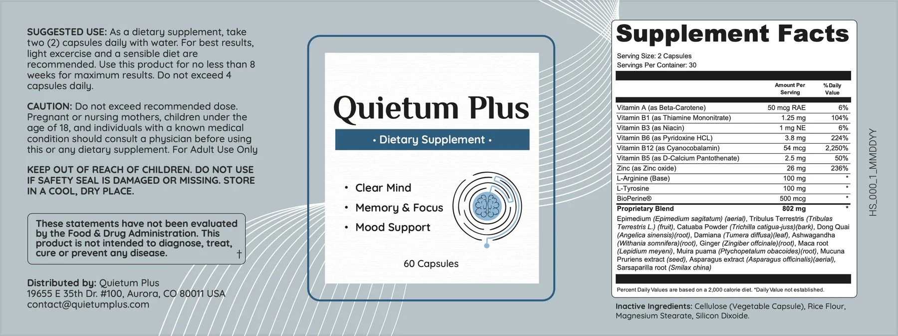 Quietum Plus Supplement Facts label showing vitamins, minerals, L-arginine, L-tyrosine, BioPerine and an 802 mg proprietary blend of 12 botanicals