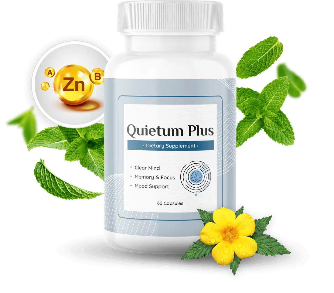 Quietum Plus bottle with botanical ingredients, a 60-capsule dietary supplement