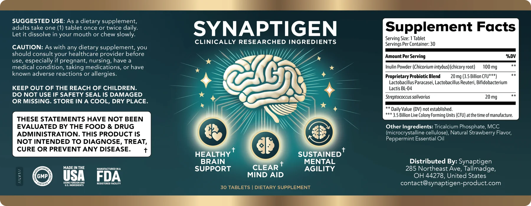 Synaptigen Supplement Facts label showing inulin 100 mg, a 20 mg probiotic blend with 3.5 billion CFU, and Streptococcus salivarius 20 mg