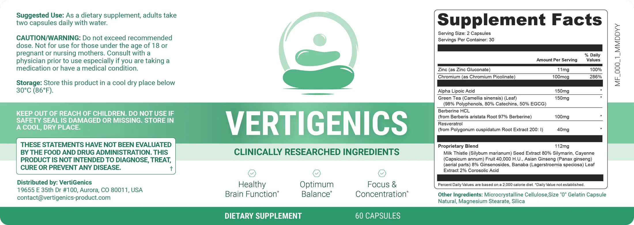 Vertigenics Supplement Facts label showing zinc, chromium, alpha-lipoic acid, green tea, berberine, resveratrol and a 112 mg proprietary blend
